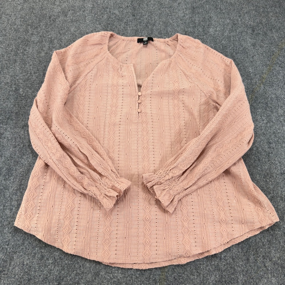 Frye Eyelet Embroidered Split Neck Blouse Smocked Cuff Pink Size M